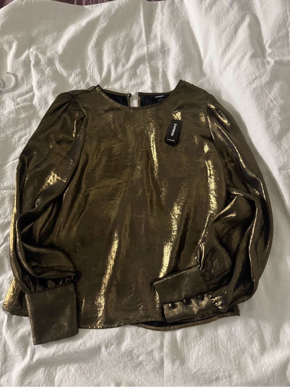 Express Shimmery Olive-Gold Balloon Sleeve Blouse